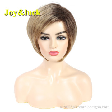 Wholesale Wigs for White Women Side Par Ladies Hair Brown Ombre Blonde Dark Root Natural Straight Short Synthetic Hair Wigs